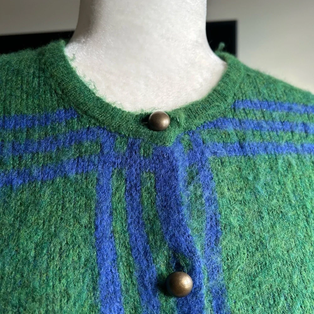 Simons Plaid Knit Button-Up Cardigan – Green & Blue. S/M - Picture 15 of 15